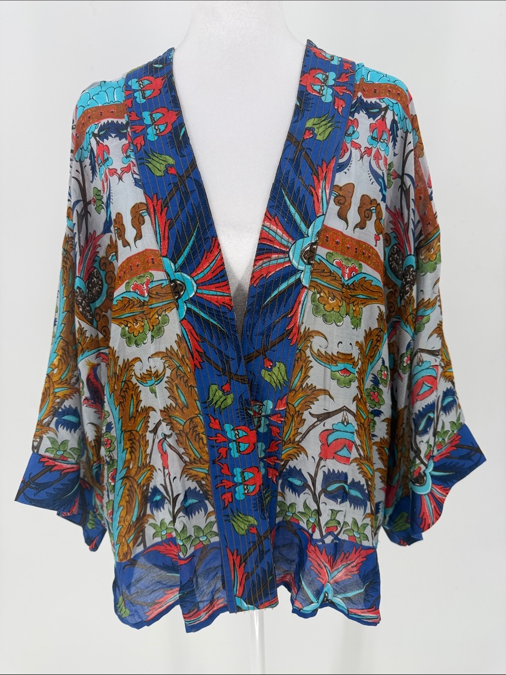 One Hundred Stars Kimono Cardigan Boho Floral Bird Print Duster S/M Festival